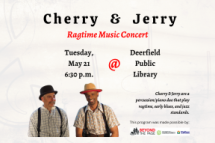 Musicians Cherry and Jerry wearing hats and suspenders with text about their concert