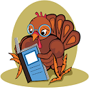 Cartoon turkey wearing glasses and reading a book