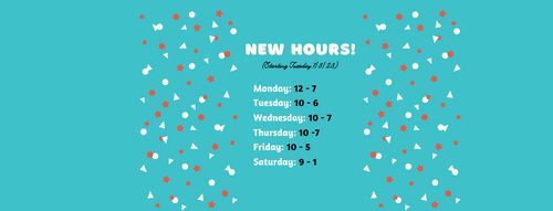 Teal blue background with red and white confetti lists new library hours