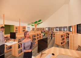 Possible rendering of front desk area looking towards children section in future expansion