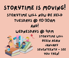 Pink background with kids on books and text detailing new Storytime days and times