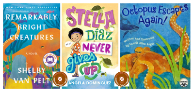 Covers for 3 books: Remarkably Bright Creatures, Stella Diaz Never Gives Up, Octopus Escapes Again