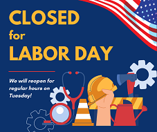 Dark blue background with gold letters reading "closed for Labor Day"