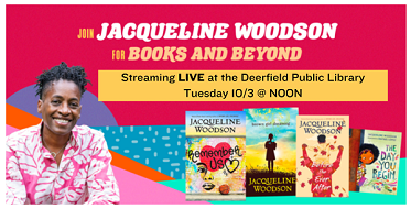 Red background with yellow and white text describing the event and a photo of the author as well as images of four of her books.