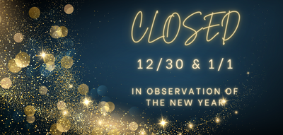 Information about New Year closures on a dark blue and gold background