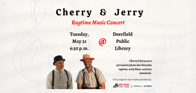 Musicians Cherry and Jerry wearing hats and suspenders with text about their concert