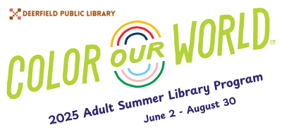 White background with lime green text reading "Color Our World: 2025 Adult Summer Library Program"
