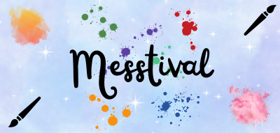 Blue background with multicolored paint splatters and text reading: "Messtival"
