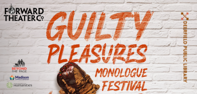 Red text reading Guilty Pleasures Monologue Festival on a white brick background, accented with an image of a melting ice cream cone