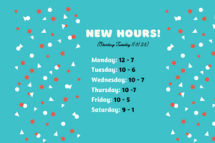 Teal blue background with red and white confetti lists new library hours