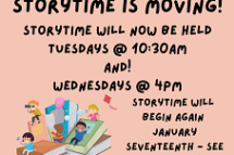 Pink background with kids on books and text detailing new Storytime days and times
