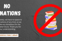 White text on dark background explaining that the library is not taking donations. To the right side is a stack of books with the "not allowed" symbol over it.