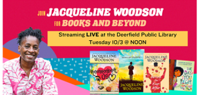 Red background with yellow and white text describing the event and a photo of the author as well as images of four of her books.